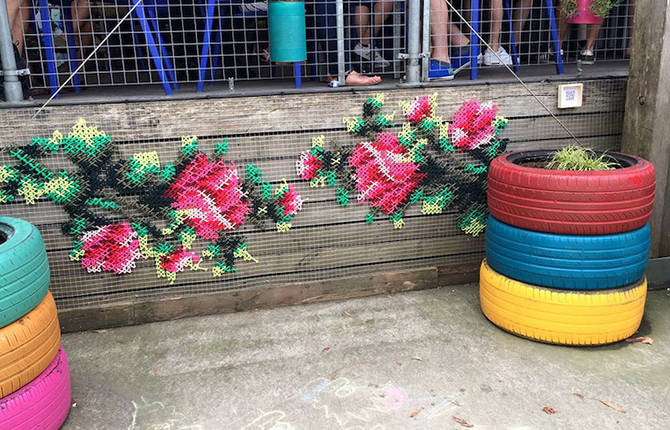 Cross Stitch Flower Mural Installations