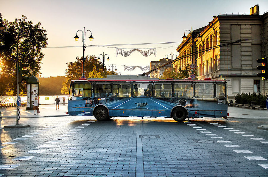 Optical Illusion on a Trolleybus in Vilnius-0
