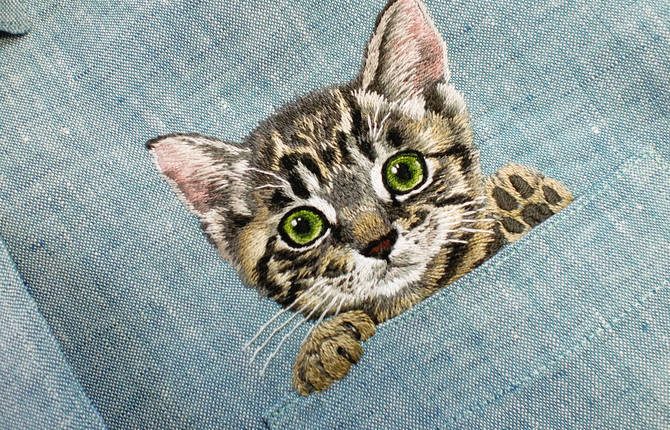 Cute Embroidered Cats on Shirts Pockets