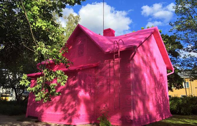 House in Finland Covered with Pink Crochet