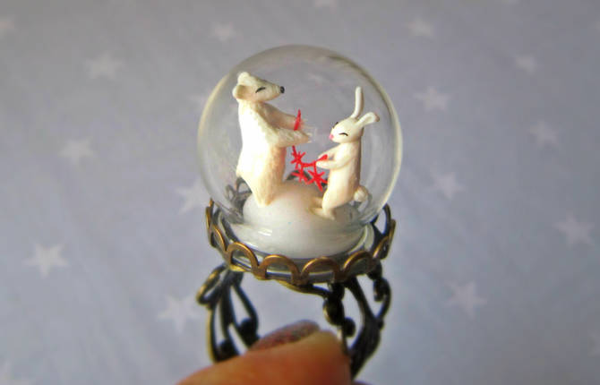 Whimsical Jewelry with Poetic Tiny Sculptures in Glass Dome