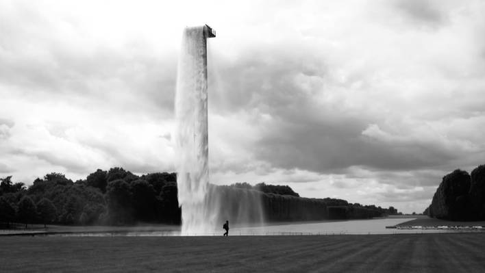 The Olafur Eliasson Waterfall in Versailles Garden from a Drone
