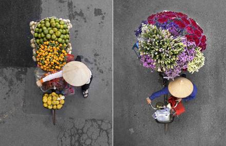 Colorful Aerial Pictures of Street Vendors in Vietnam