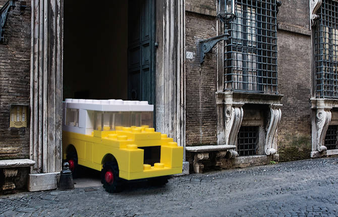 Surrealist Scenes with LEGO Vehicles in the Streets