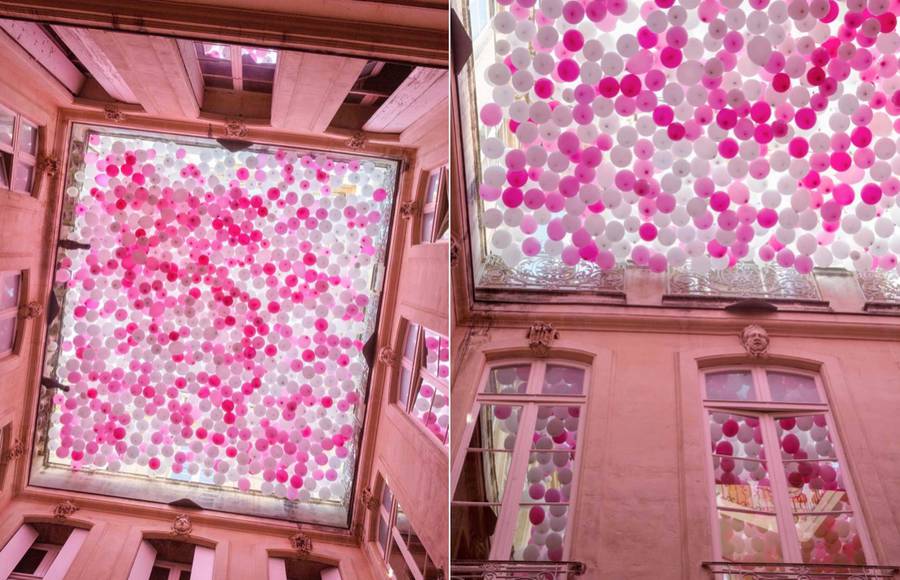 Beautiful Ceiling of Pink Balloons in a French Hotel