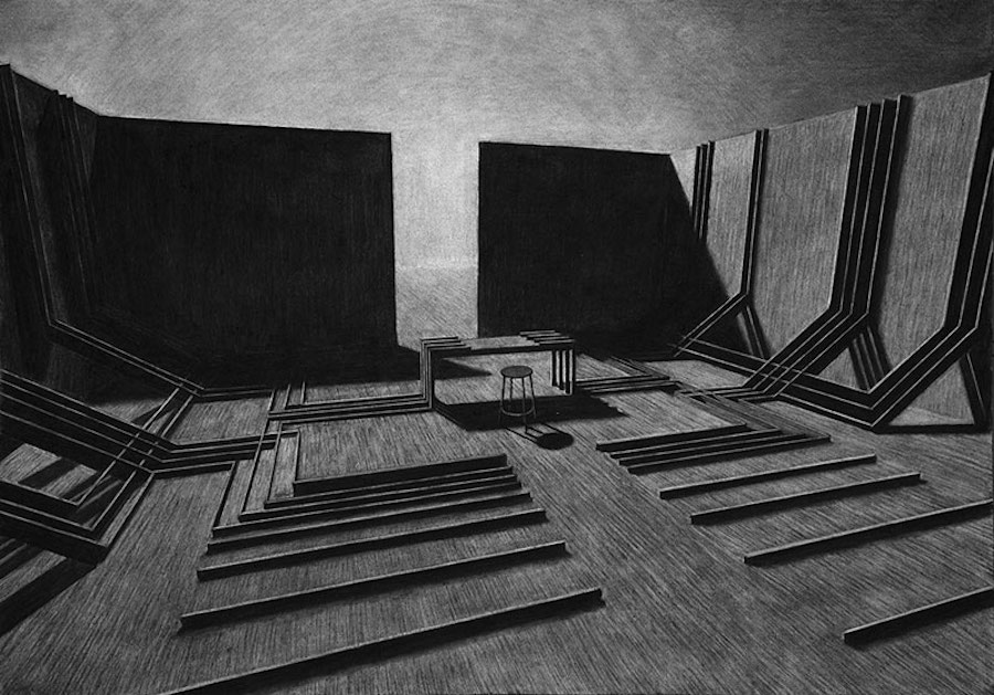 Impressive Charcoal Drawings of Geometric Spaces-4