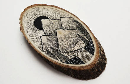 Wood Slices Decorated with Paintings and Illustrations