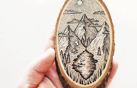 Wood Slices Decorated with Paintings and Illustrations