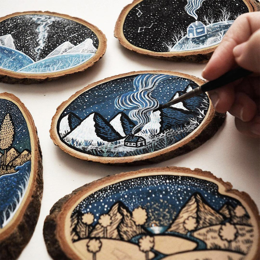 Wood Slices Decorated with Paintings and Illustrations-8