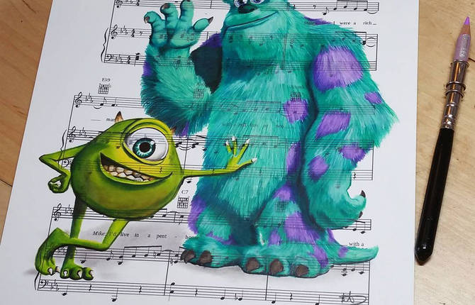Disney Characters Drawn on Music Paper of The Song of the Movie They Are From