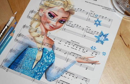 Disney Characters Drawn on Music Paper of The Song of the Movie They Are From