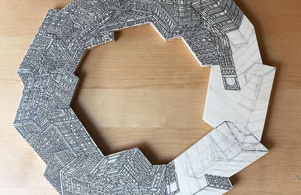 Infinite Skyscrapers Illustrated on Circle Pieces of Wood