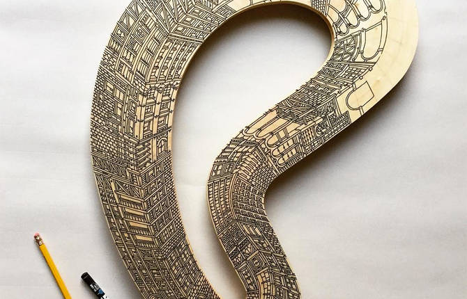 Infinite Skyscrapers Illustrated on Circle Pieces of Wood