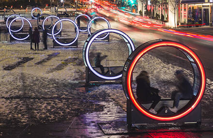 Illuminated Cylinders Displaying Fairy Tales when People Are Inside