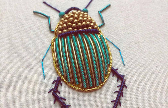 Dazzling Embroidered Insects with Antique Materials & Metallic Beads