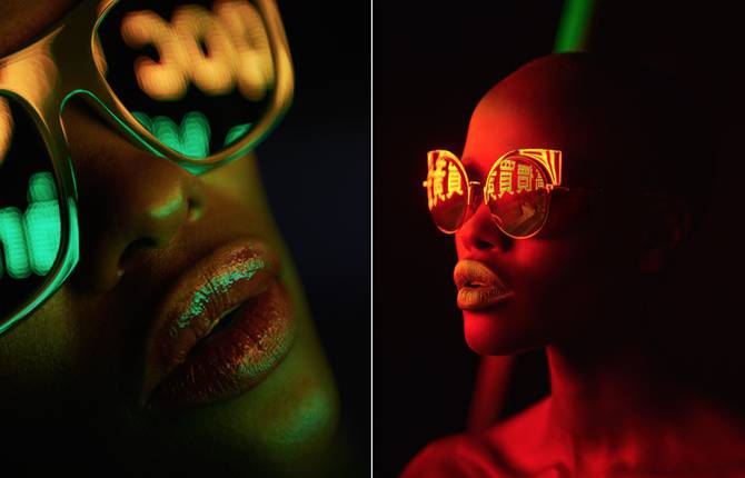 Pop Portraits with Neon Light Reflected in Sunglasses