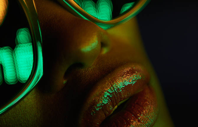 Pop Portraits with Neon Light Reflected in Sunglasses