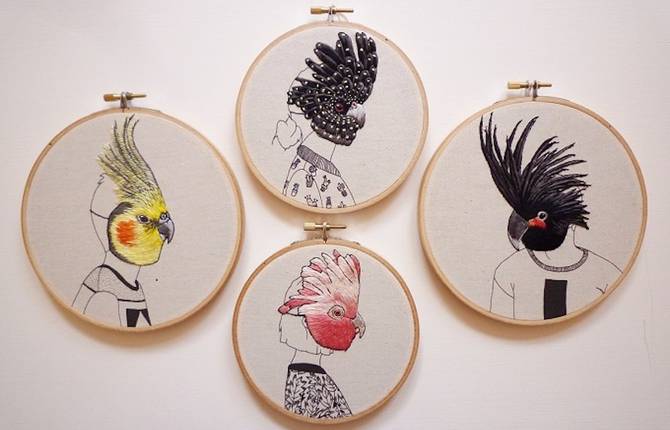 Embroidered Portraits of People Wearing Birds Masks