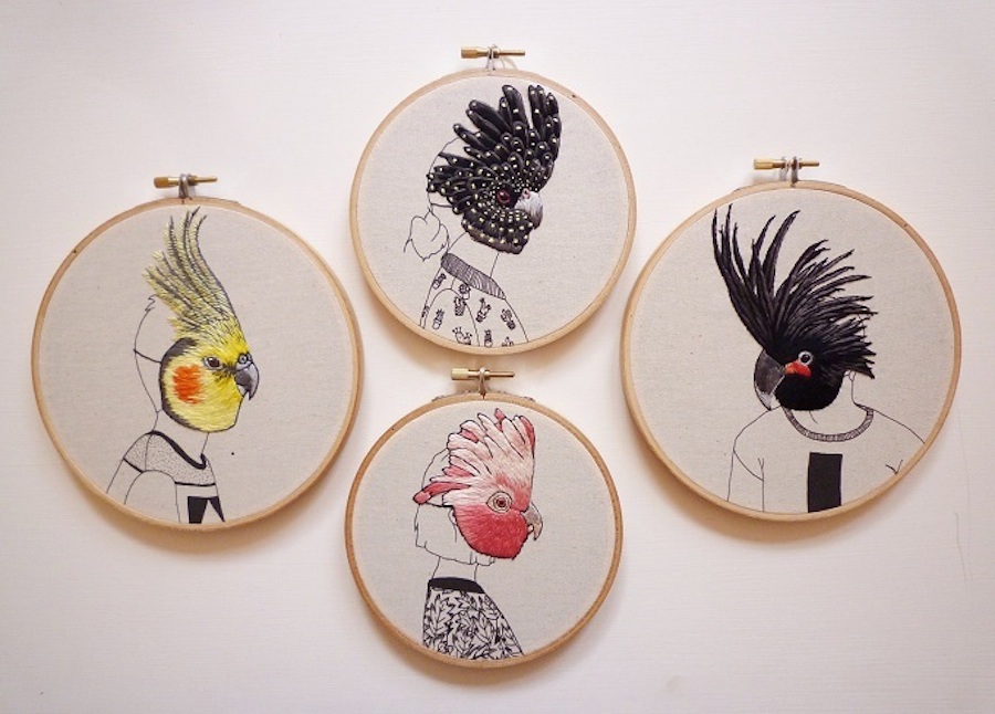 Embroidered Portraits of People Wearing Birds Masks-0