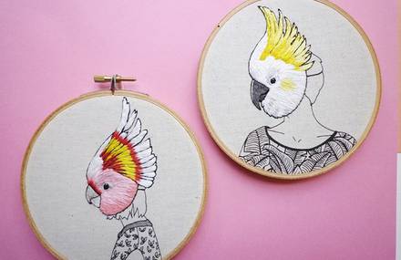 Embroidered Portraits of People Wearing Birds Masks