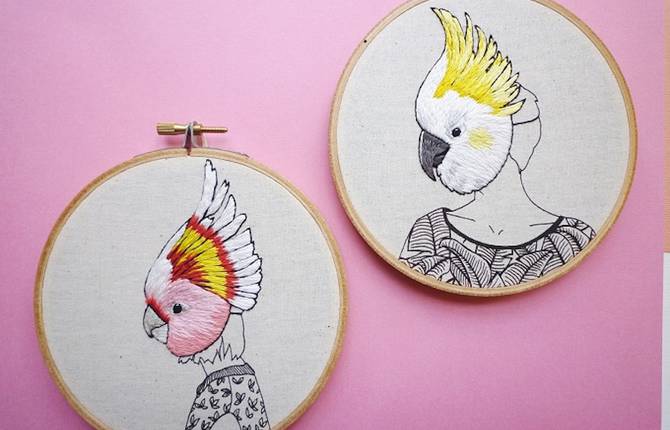 Embroidered Portraits of People Wearing Birds Masks