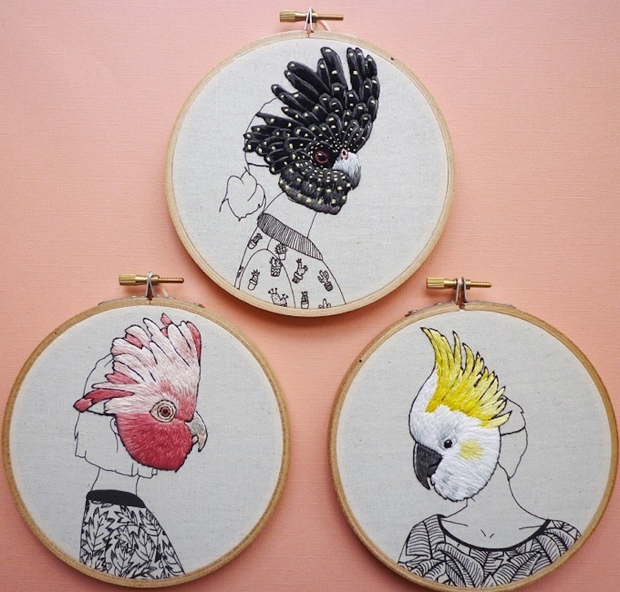 Embroidered Portraits of People Wearing Birds Masks-3