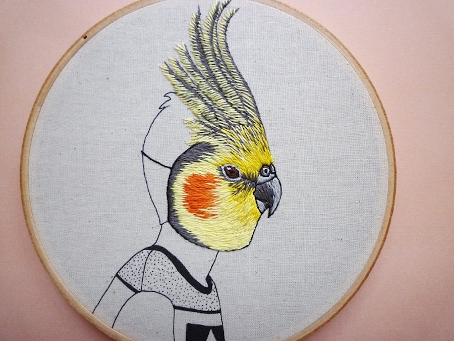 Embroidered Portraits of People Wearing Birds Masks-4