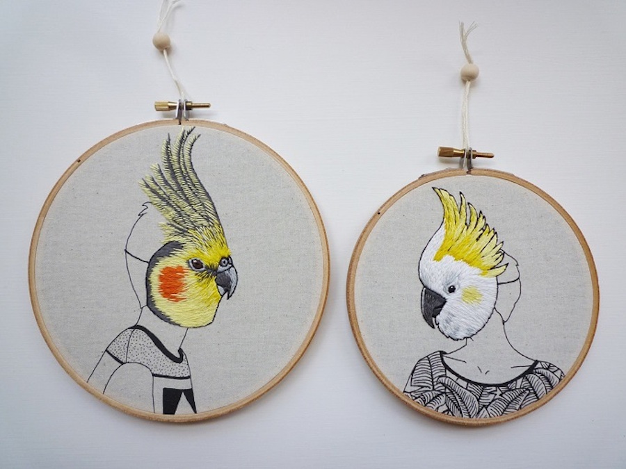 Embroidered Portraits of People Wearing Birds Masks-5
