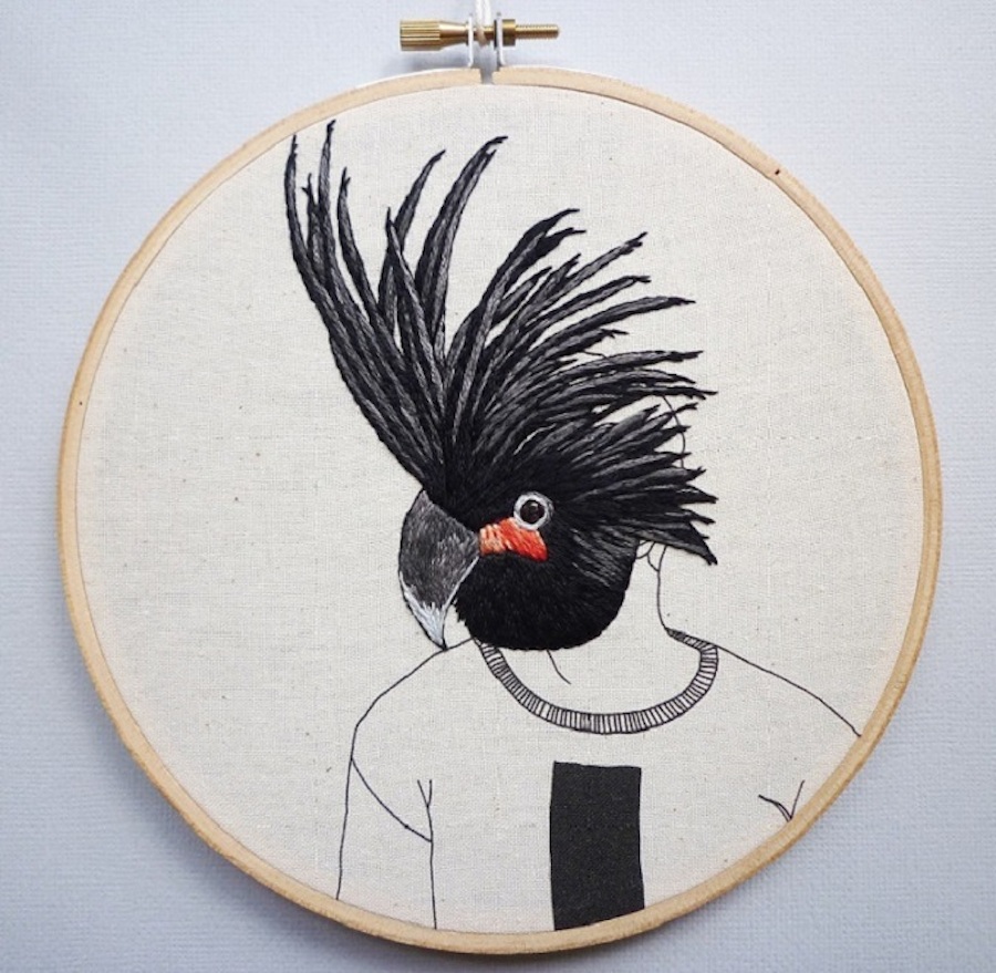 Embroidered Portraits of People Wearing Birds Masks-6