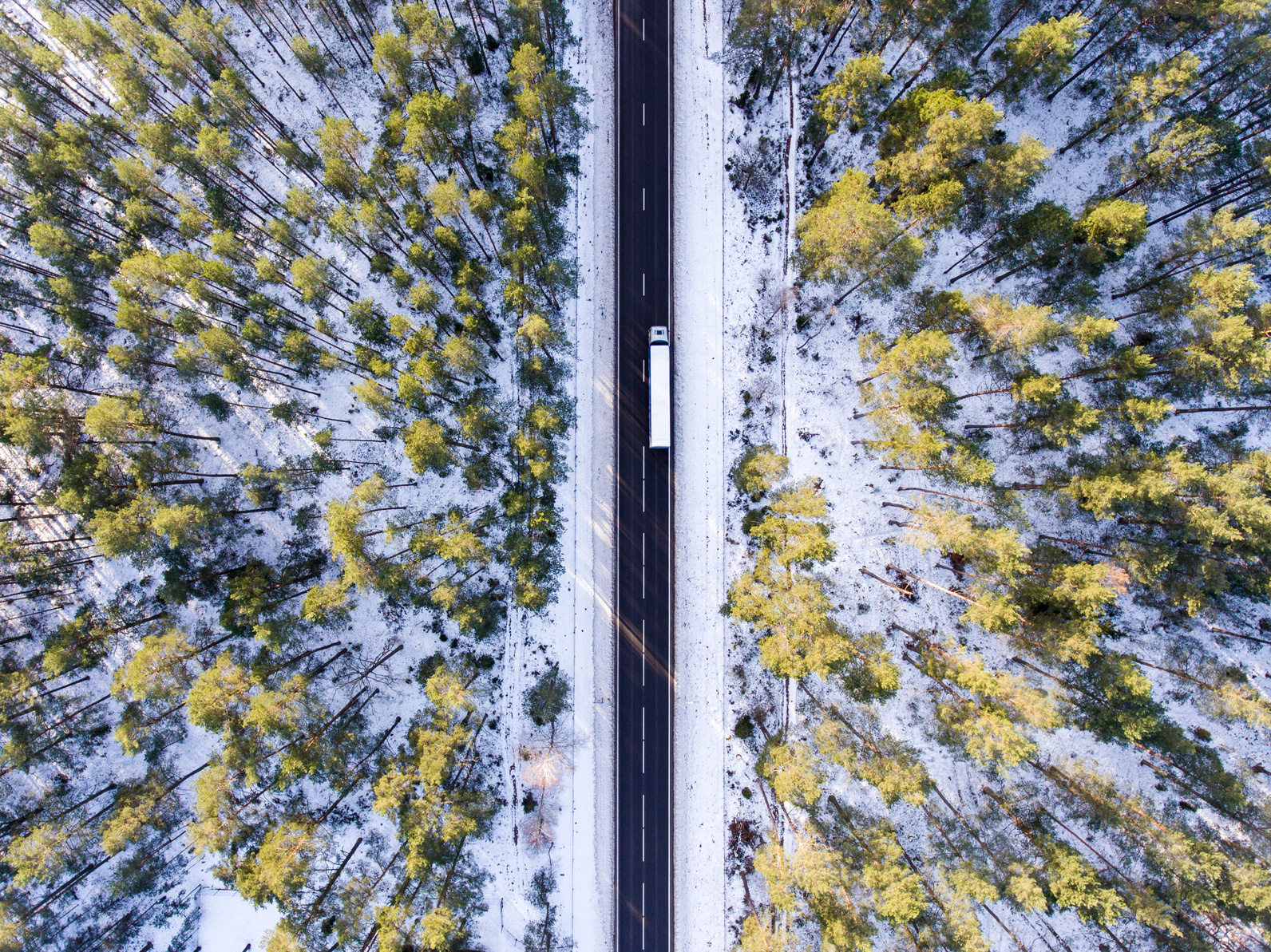 Aerial photo of lorry truck on the road surrounded by winter forest
