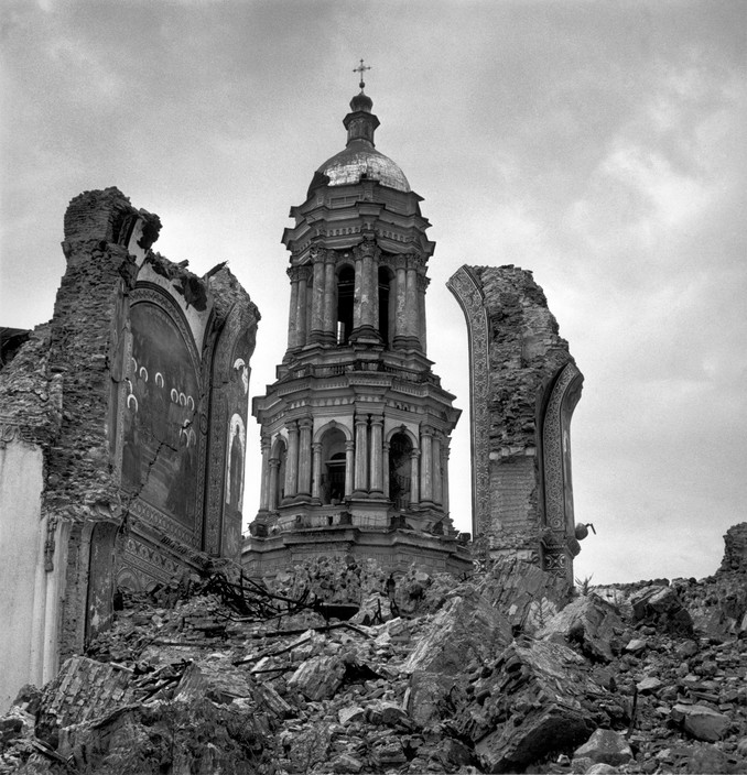 USSR. Ukraine. Kiev. Destroyed monastery on cliffs above Dnieper river. 1947.