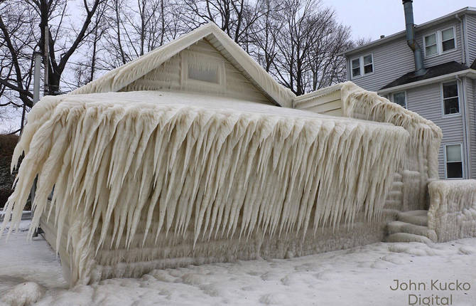 Completely Frozen House on Ontario Lake