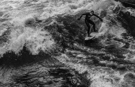 Black and White Photographs of Surfers in Munich