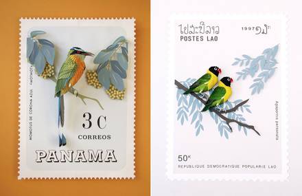 Stamps with Birds Made in Paper