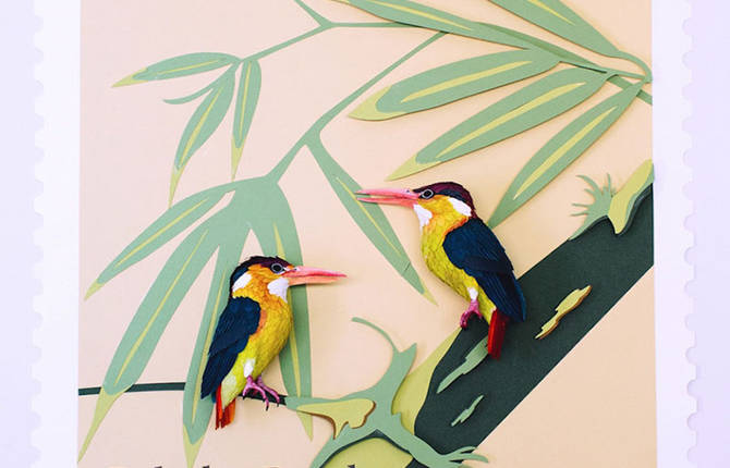 Stamps with Birds Made in Paper