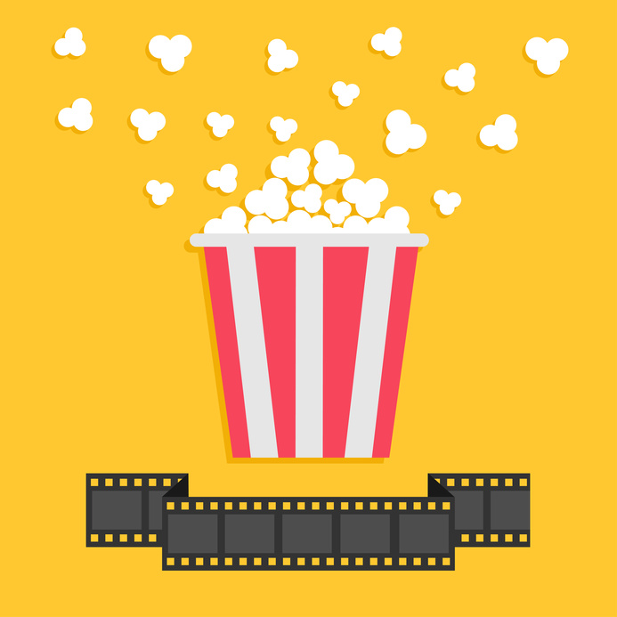 Popcorn. Film strip ribbon line. Red yellow box. Cinema movie night icon in flat design style.