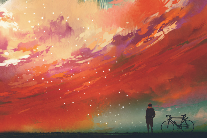 man with bicycle standing against red clouds in the sky,illustration,digital painting