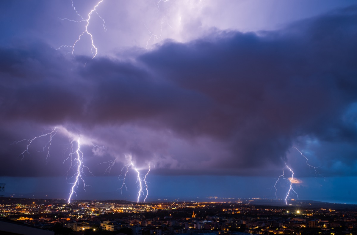 Lightning on Sassari city, Sassari province, sardinia, italy, europe.