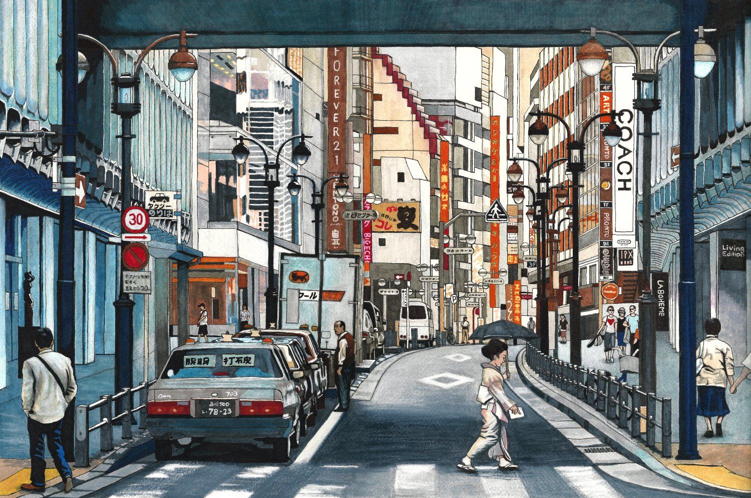 Picture of a street scene. Нарисовый Токио. Японский городской пейзаж. Японские улицы. Картины город Япония.