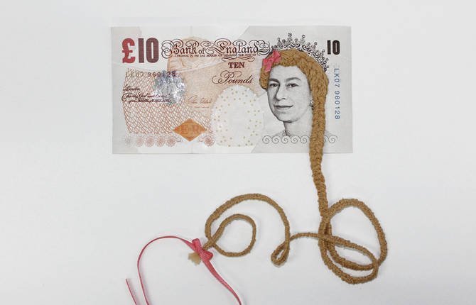 Embroidering Hair onto Dollars and British Pounds