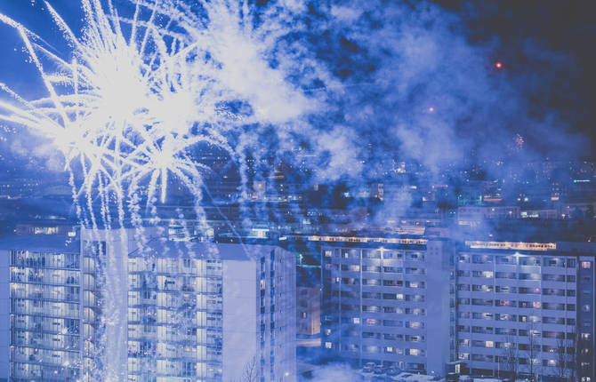New Year’s Eve Fireworks from a Rooftop in Iceland