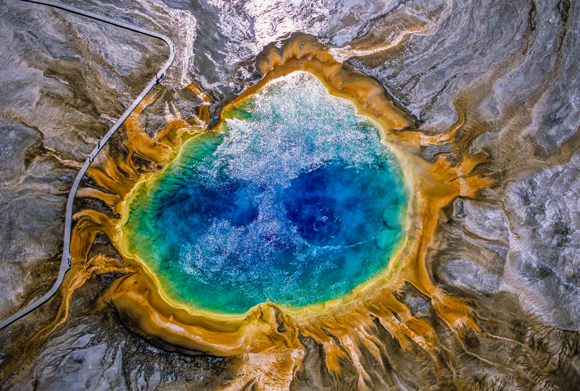 Grand Prismatic Spring Surface Glare Aerial