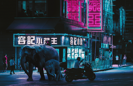 Cyberpunk Scenes of Animals Roaming the City at Night