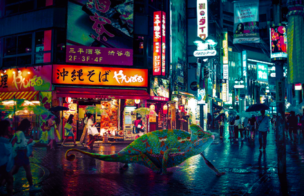 Cyberpunk Scenes of Animals Roaming the City at Night