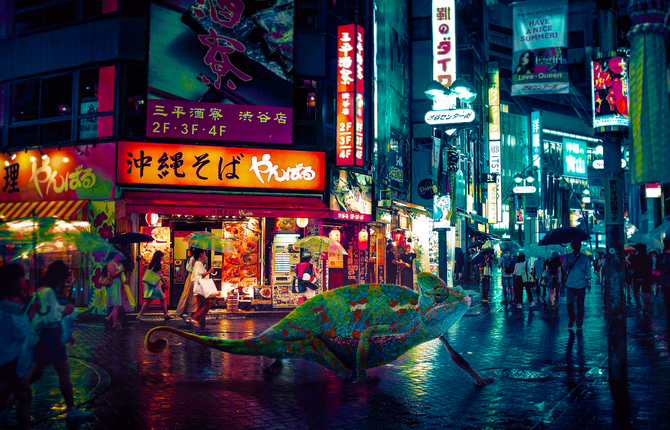 Cyberpunk Scenes of Animals Roaming the City at Night