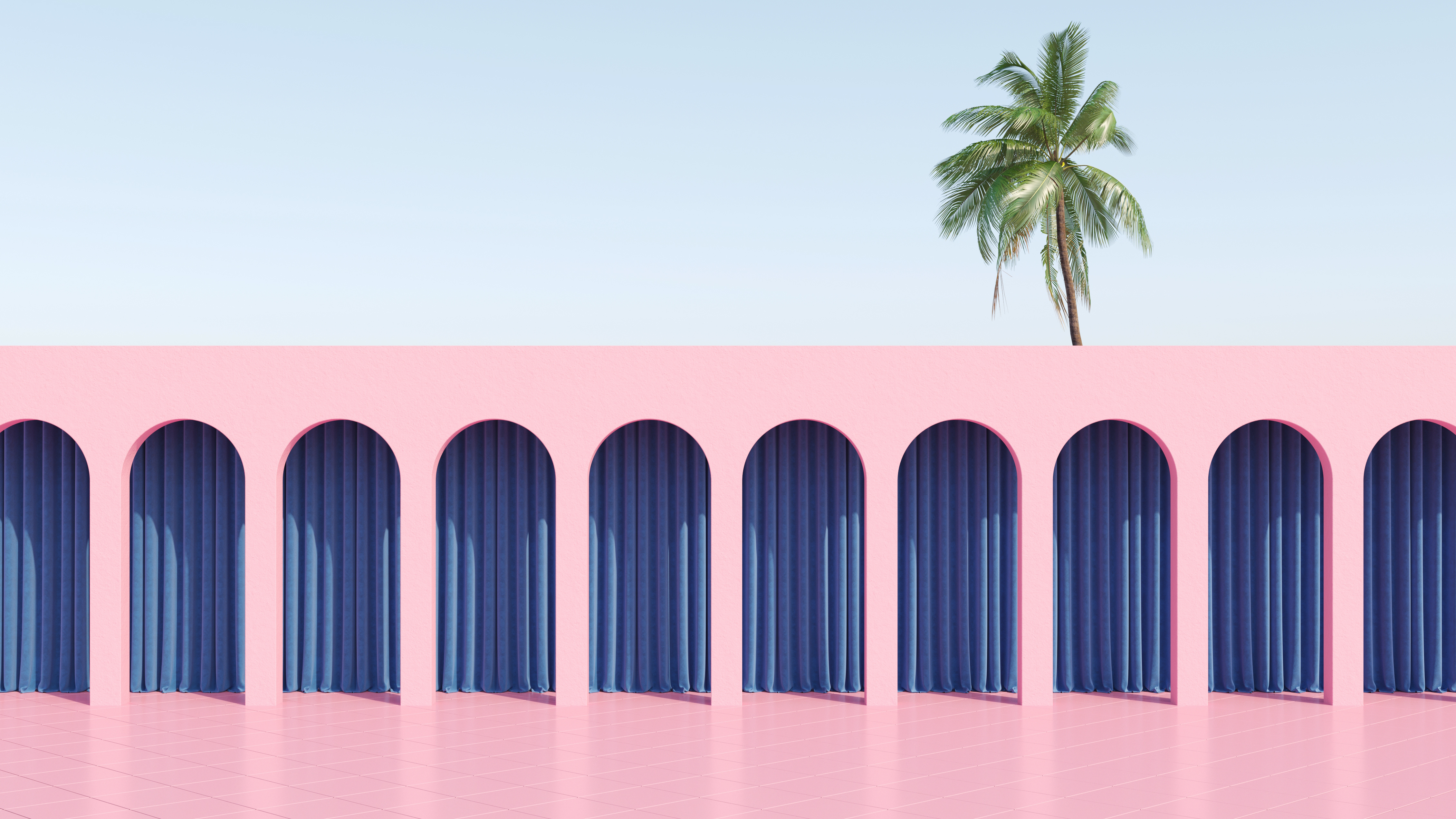 Pink arc column with colorful curtains and tropical home plant for retro poster like stranger things. 80s 70s 60s California Miami. 3d rendering