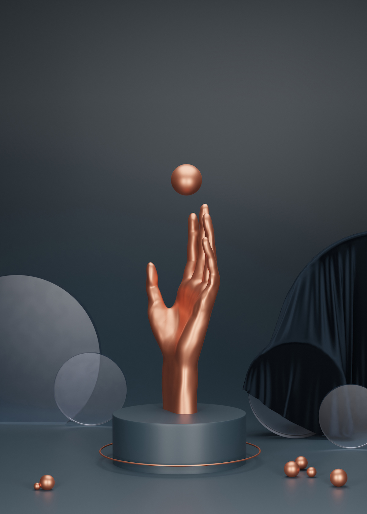 3D podium with gold copper human hand catching flying ball with geometric shapes. Dark Blue background poster with copy space. Abstract illustration. Art deco Minimalist 3d render with female palm.